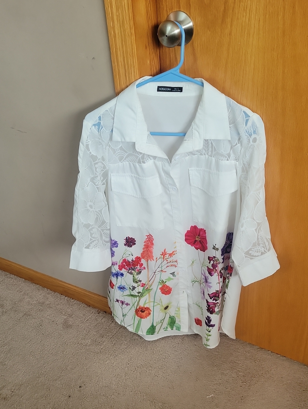 Monsoon White Floral Button-Up Lace Sleeve Shirt